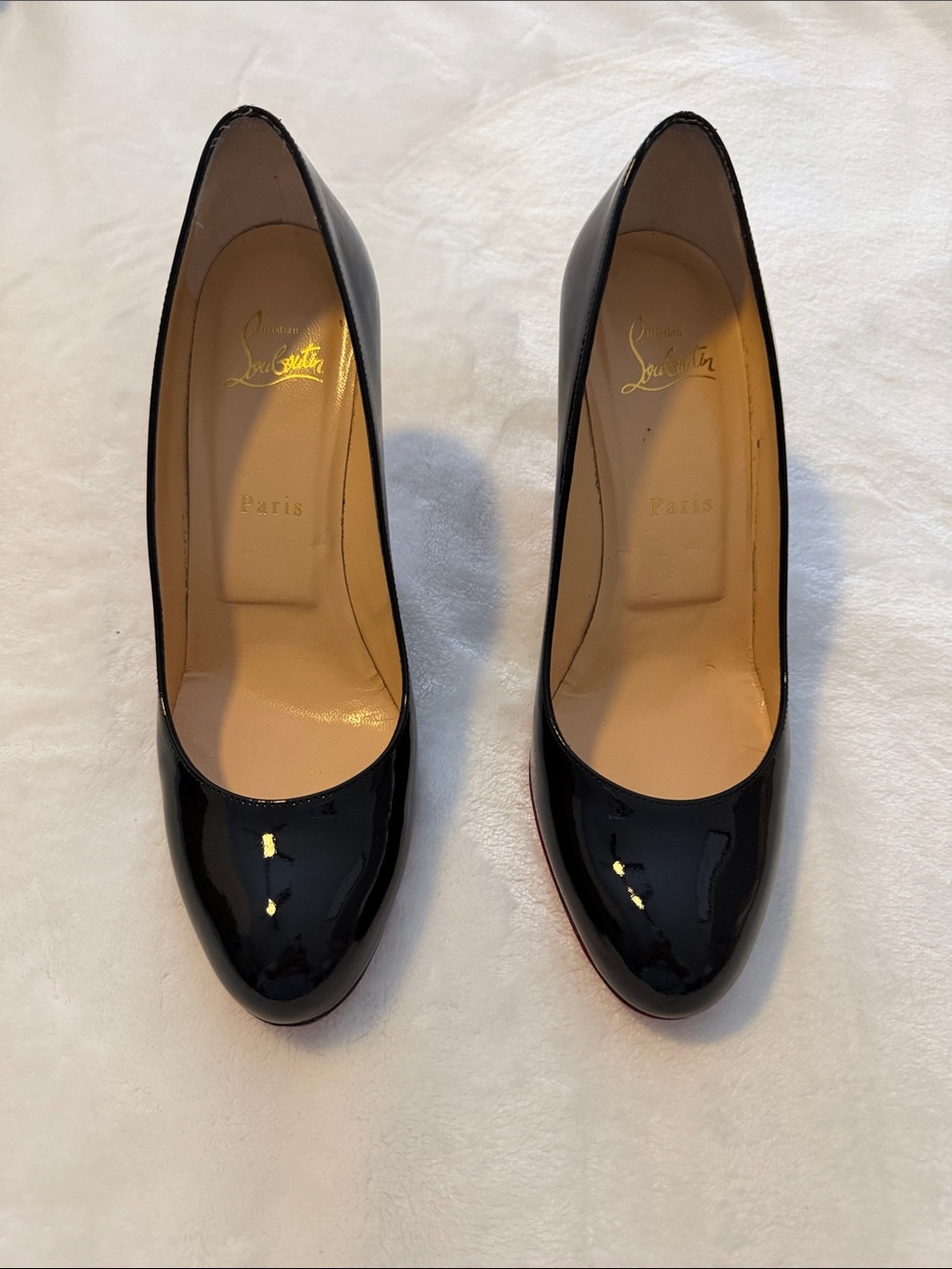 Christian Louboutin Black Patent Leather Round-Toe Pumps 85